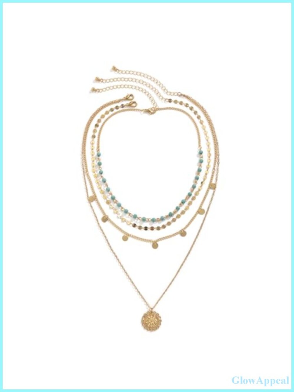 Gold Layered Necklace Boho Stacked Pendant Turquoise Coin